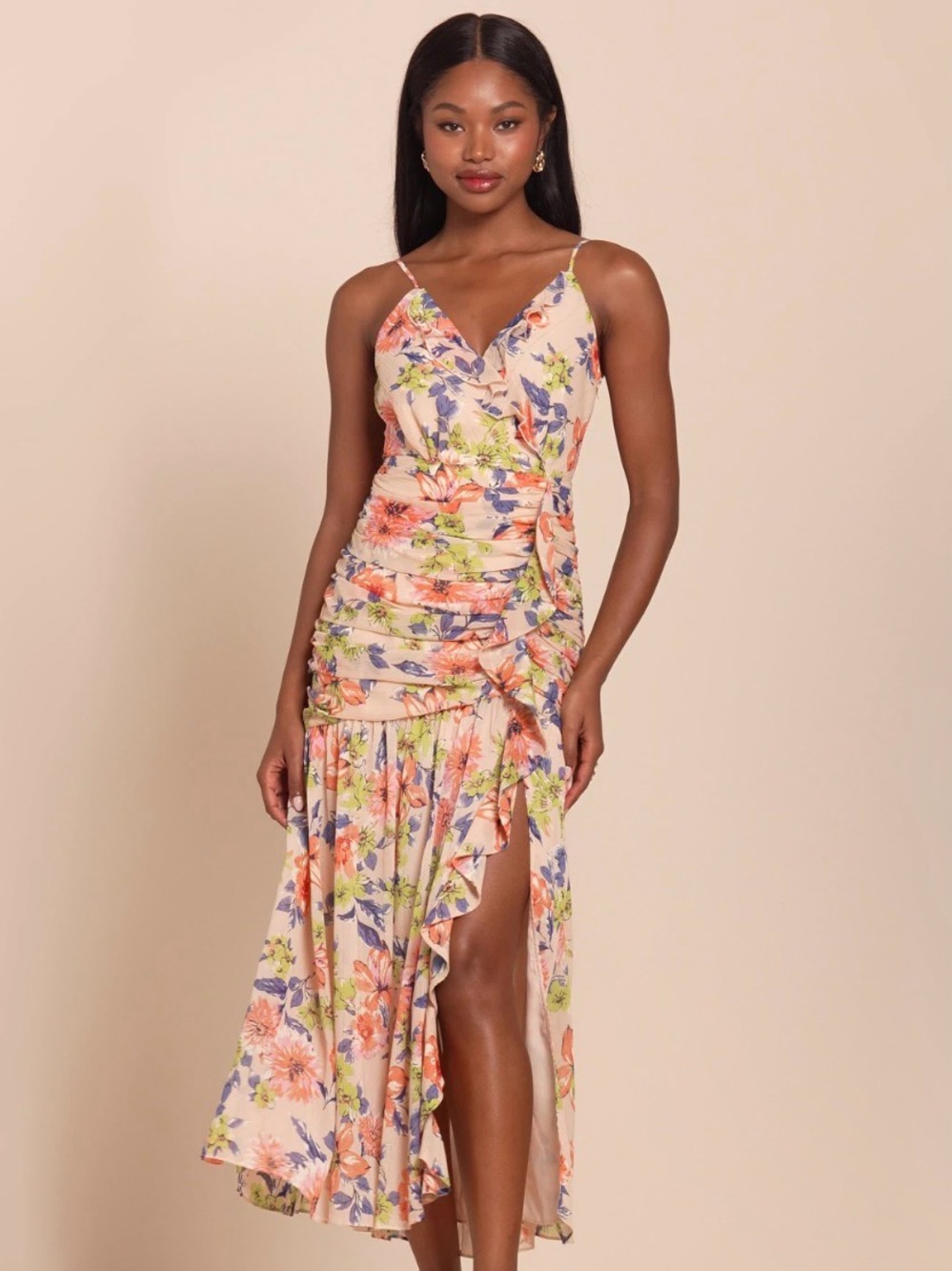 Lulus Stunning Soiree Blush Pink Floral Print Ruched Midi Dress small 377